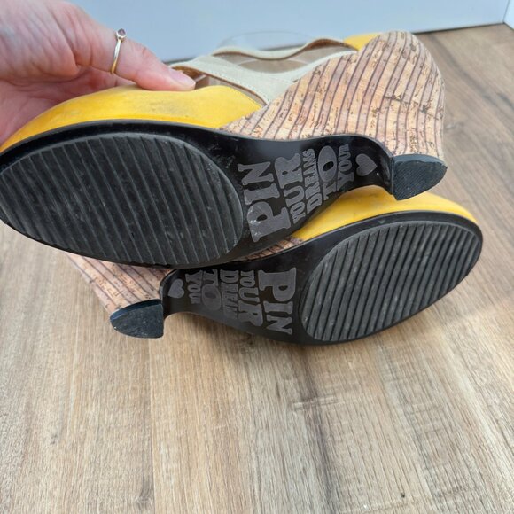 John Fluevog Pindown Farrah Wedge Heel Shoes Yellow Cream Buckle Statement 9 - Picture 9 of 12